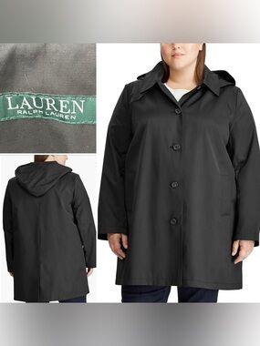 Lauren Ralph Lauren Black Plus-Size Balmacaan Hooded Trench Coat XXL